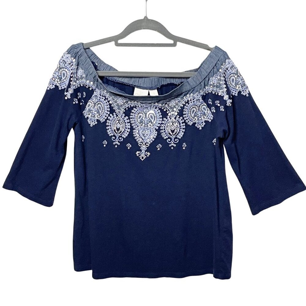 Chico's Off-Shoulder Sequin Embroidered Blue Top Women’s Size1 US 8